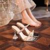 2025 Summer New Rhinestone Slippers Sandals Women's High Heels Stiletto Transparent Crystal Silver Sandals High Heels