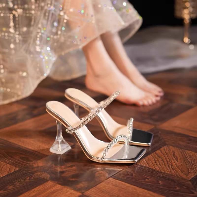 Silver High Heels Women's Summer Rhinestones Word with High Heels Sandals Women's 2025 New Cool Slippers Women's Summer Wear