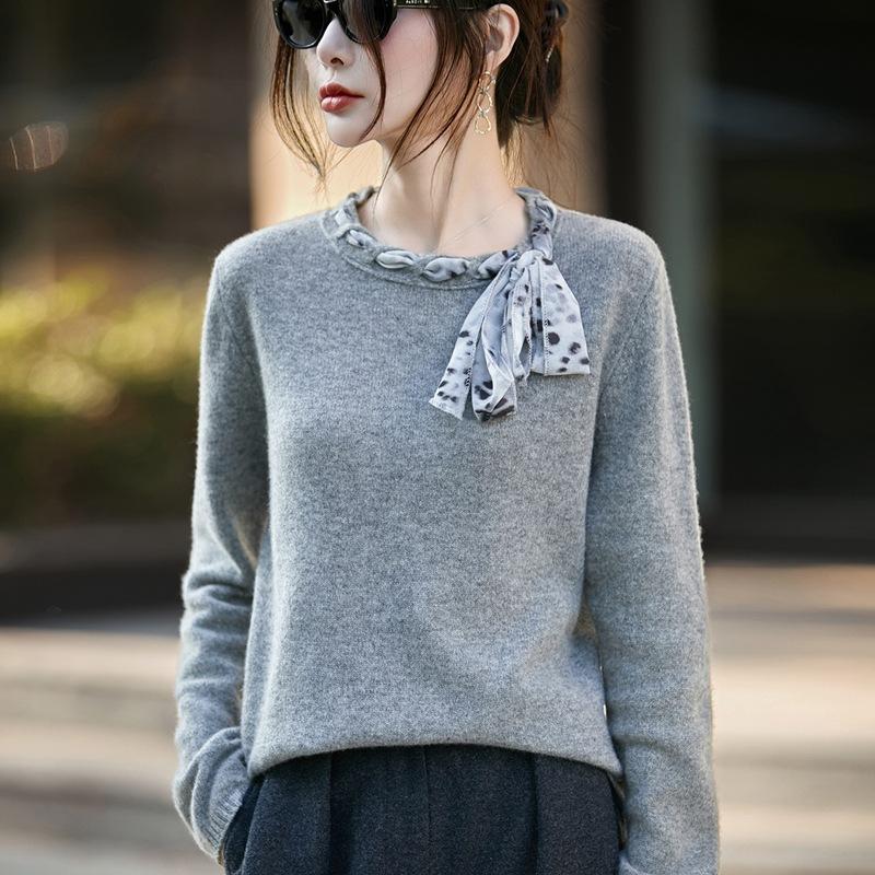 Autumn And Winter New Wool Round Neck Streamer Knitted Sweater Long Sleeve Solid Color Design Pullover Loose Bottoming Shirt