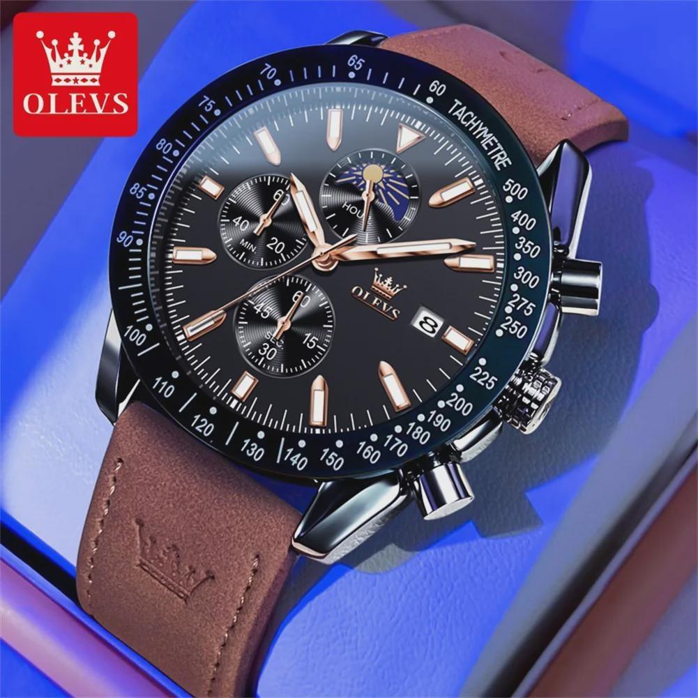 Luxury Quartz Watch for Men Nubuck Leather Strap Waterproof Chronograph Wristwatch New In Moon Phase Man Watch