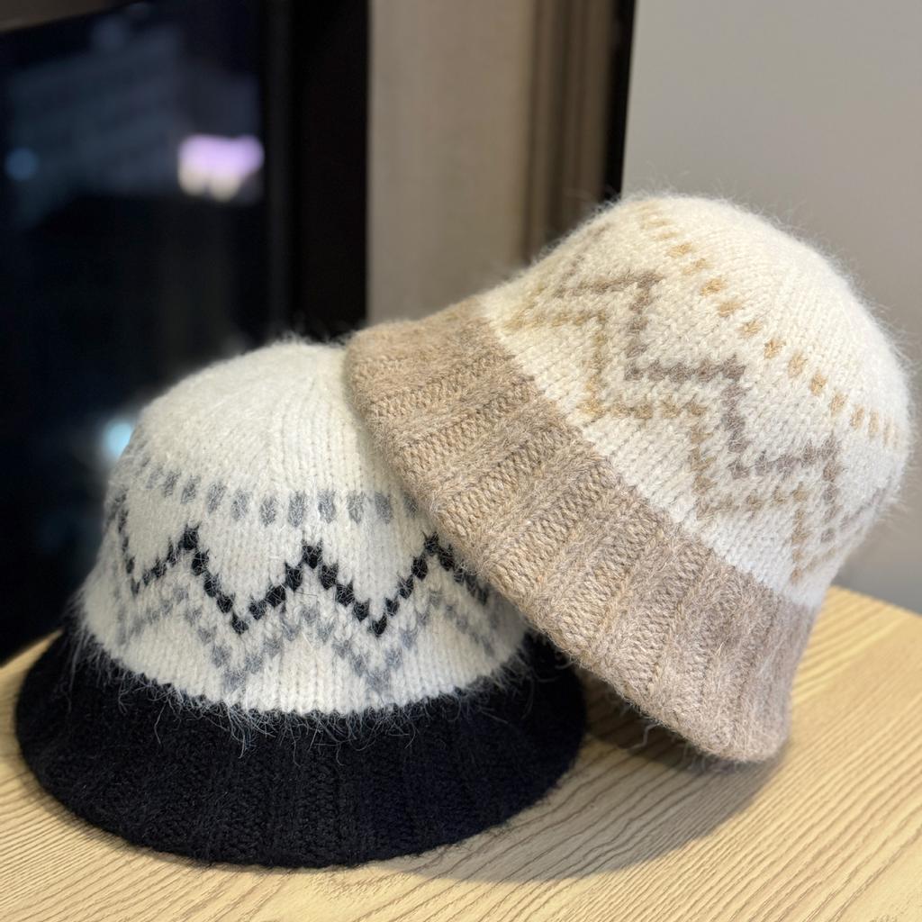 Вязаная шапка-рыбачка Женская зимняя теплая шапка в стиле Fair Isle в корейском стиле с защитой ушей Шерстяная шапка для большого обхвата головы и маленького лица