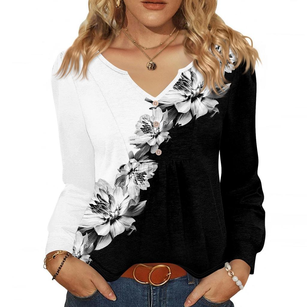 Женская модная повседневная блузка с V-образным вырезом на пуговицах, с длинным рукавом, пуловер, футболка, топ