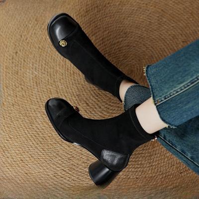 Замшевые капли камелии высокий каблук толстый каблук короткие ботинки дети эластичные большой размер