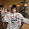 Retro Design Sense Pet Cat and Dog Printed Sweatshirt for Women In Autumn and Winter Gray Round Neck Loose Jacket Top