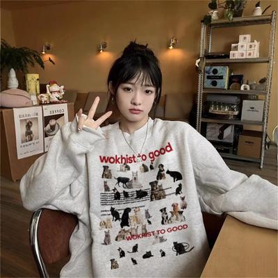 Толстовка с принтом кошек и собак в стиле ретро Sense Pet для женщин на осень и зиму, серая, с круглым вырезом, свободная куртка, топ