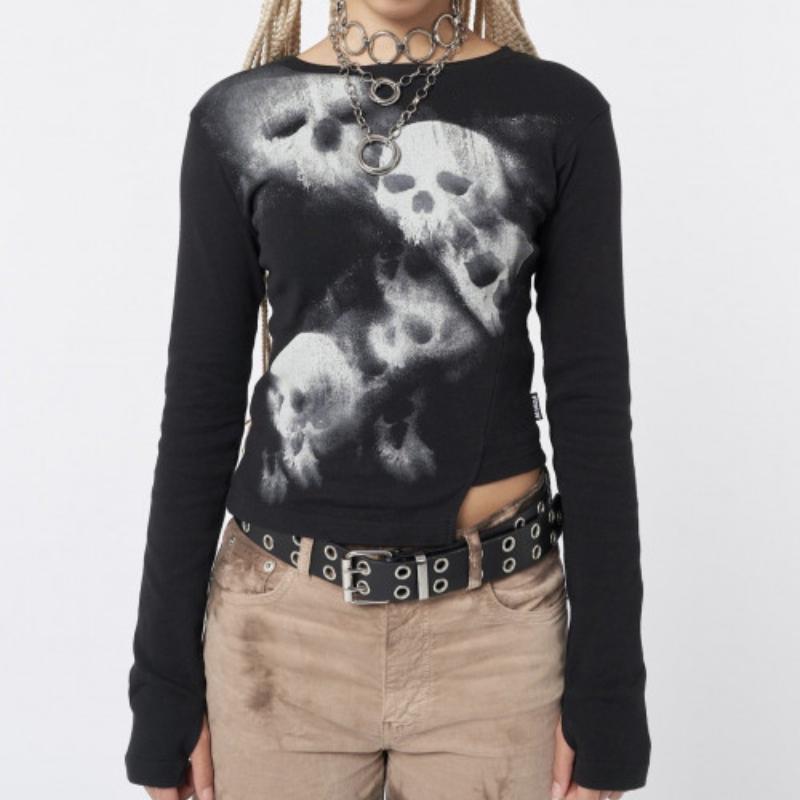 Y2K Retro Women's Exposed Navel Harajuku Abstract Printed Long Sleeved T-shirt Gothic Personalized Irregular Top