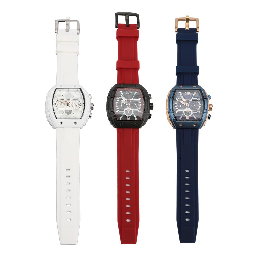 Men Multifunctional Quartz Watch Large Dial Silicone Strap Water Resistant Wristwatch Quartz Watch W