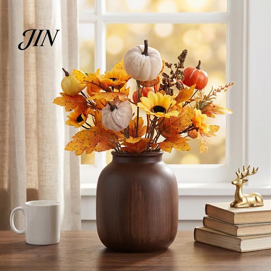 Artificial Fall Bouquet with Fabric Pumpkins Maple Leaves Wheat Berries, Thanksgiving Floral Arrangement Autumn Home Decor for Centerpieces, Seasonal