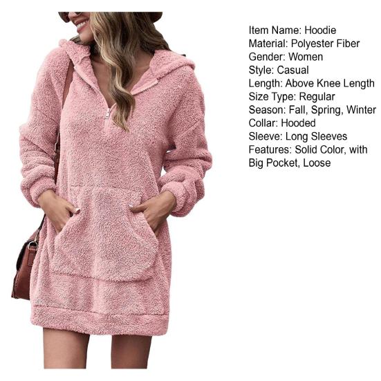 Женское платье с капюшоном и большим карманом, с длинными рукавами, из плотного плюша, однотонное, свободное мини-платье, повседневная одежда, повседневный топ средней длины