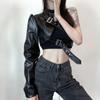 Women Street Hipster Solid Colour Handsome Metal Adjustable Buckle One Shoulder Long Sleeve Short Neckless PU Leather Top