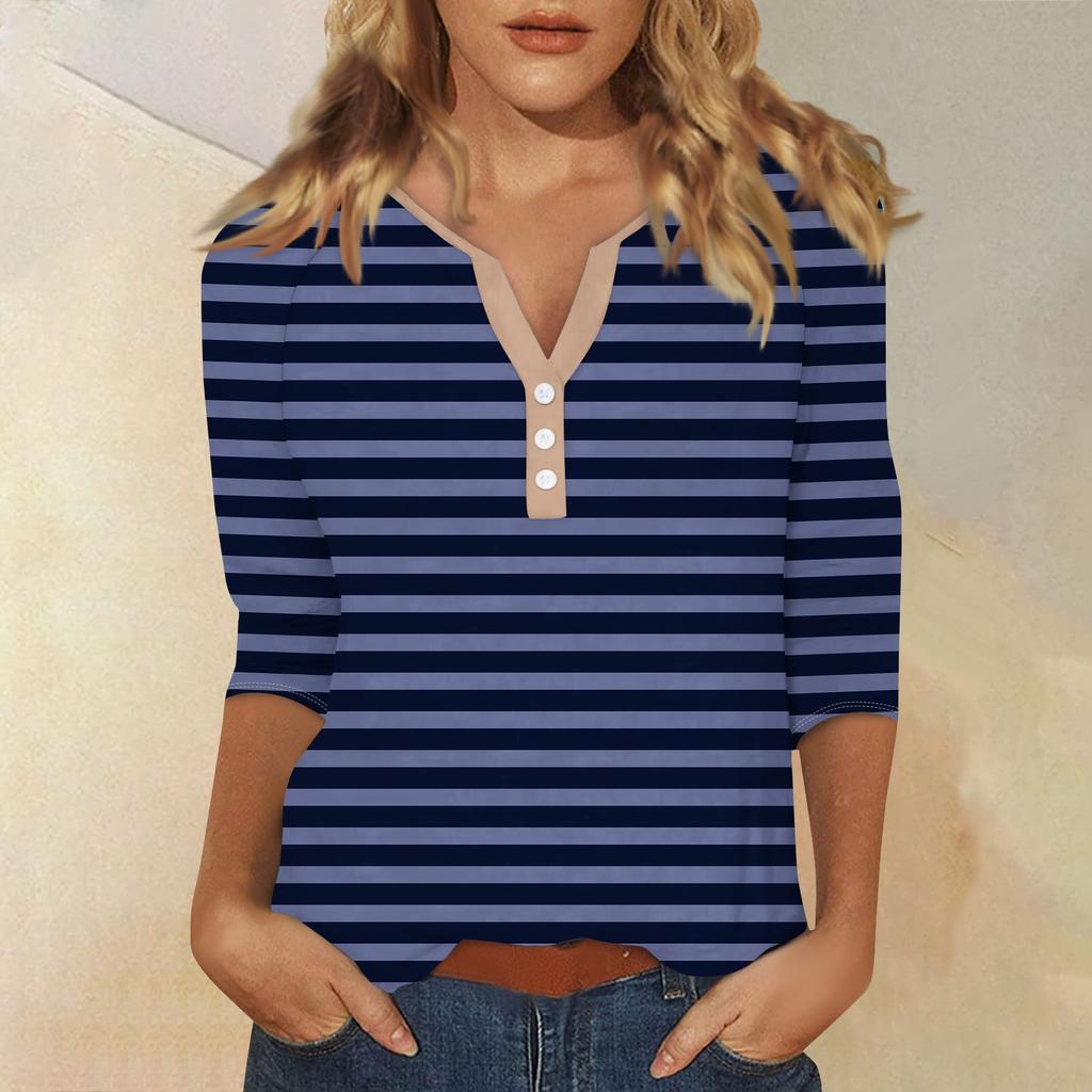 Жен. Футболка Футболка С принтом Пуговицы Рукав 3/4 Повседневные Выходные Мода Классический Классический V-образный вырез Обычный Верх