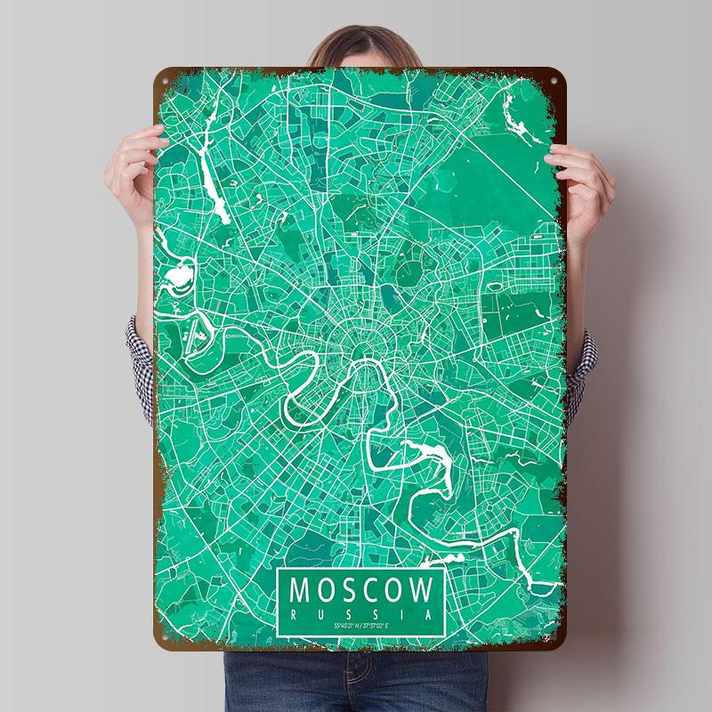 Moscow City Map Russia Watercolor Printed Poster Customized Retro Wall Art Vintage Metal Tin Signs for Home Office Decoration