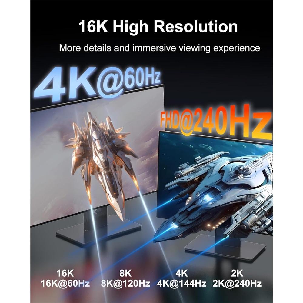16K DisplayPort Cable 2.1 DP [16K@60Hz,8K@120Hz,4K@240Hz] 80Gbps, HDR10, DSC1.2a, G-Sync, FreeSync,Braided Display Port For Gaming Monitor TV Graphics