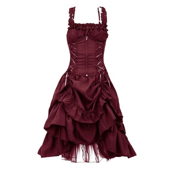 Женское платье для косплея в готическом стиле, ведьма, многослойный сетчатый костюм с рюшами и подолом на Хэллоуин, на шнуровке, на бретельках, без воротника, на молнии, без рукавов, трапециевидной формы.