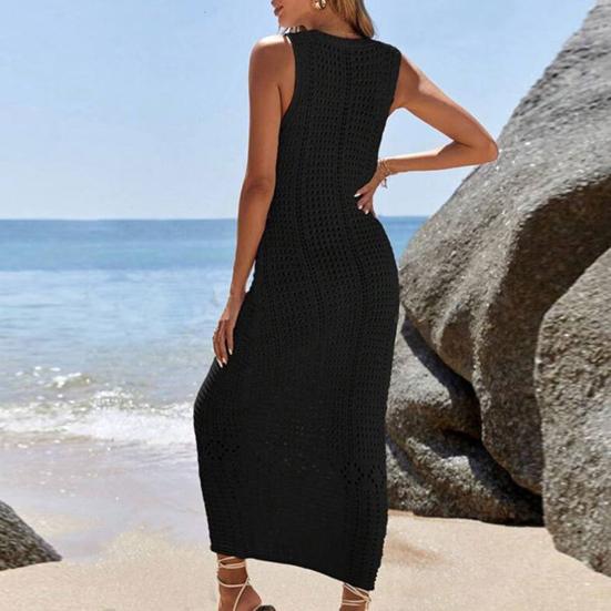 Women Beach Cover Up Sundress V Neck Crochet Hollow Out Maxi Dress Knitted Adjustable Straps Sun Protection Beachwear