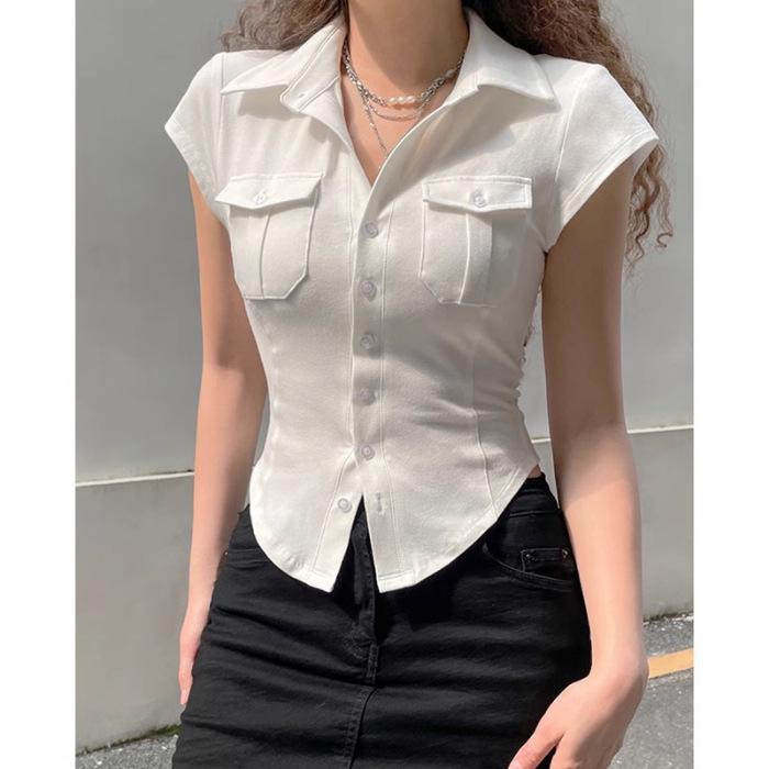 Женская летняя рубашка в гонконгском стиле, белая, приталенная, с коротким рукавом и воротником поло