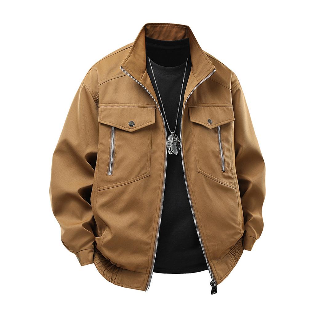 Men's Solid Color Zipper Lapel Retro Jacket Casual Sports Fashion Workwear Coat