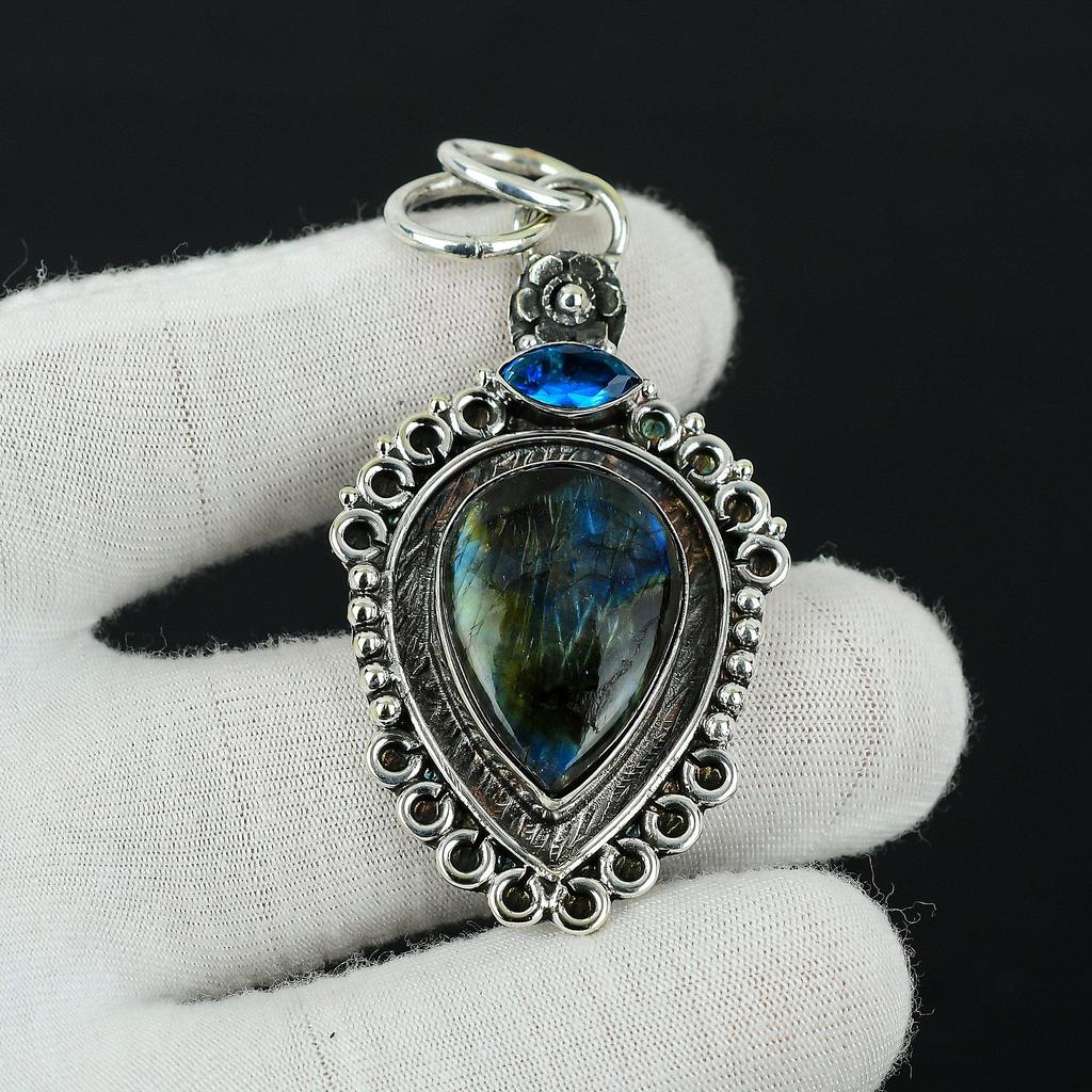 Labradorite, Blue Topaz Gemstone Silver Pendant, 925 Sterling Silver Jewelry Pendant, Natural Labradorite Pendant For Women Pendant For Gift
