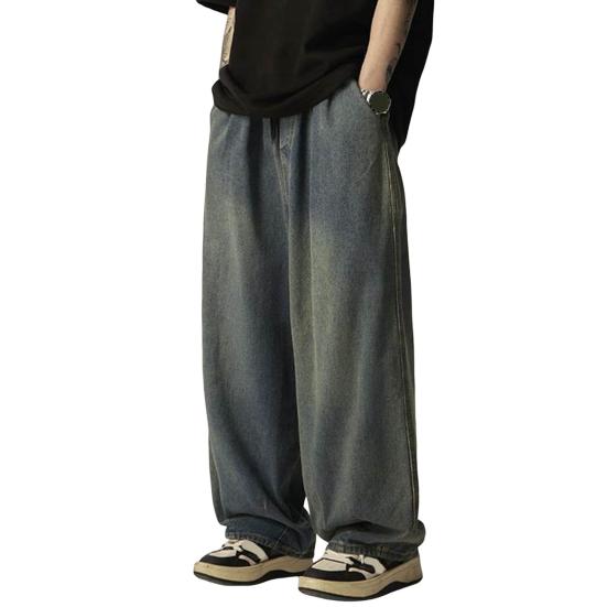 Мужские однотонные брюки большого размера с драпировкой и широкими штанинами из денима с эластичной резинкой на талии на весну и осень