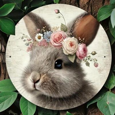 Металлический круглый знак Пасхальный кролик Настенное искусство Винтажный весенний декор 8x8 дюймов