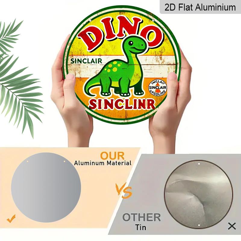 2D Flat 1pc, Vintage Sinclair Dino Gasoline Metal Sign, 8x8 in, Decorative Aluminum Round Wall Plaque for Home, Garden, Garage, Bar, Cafe