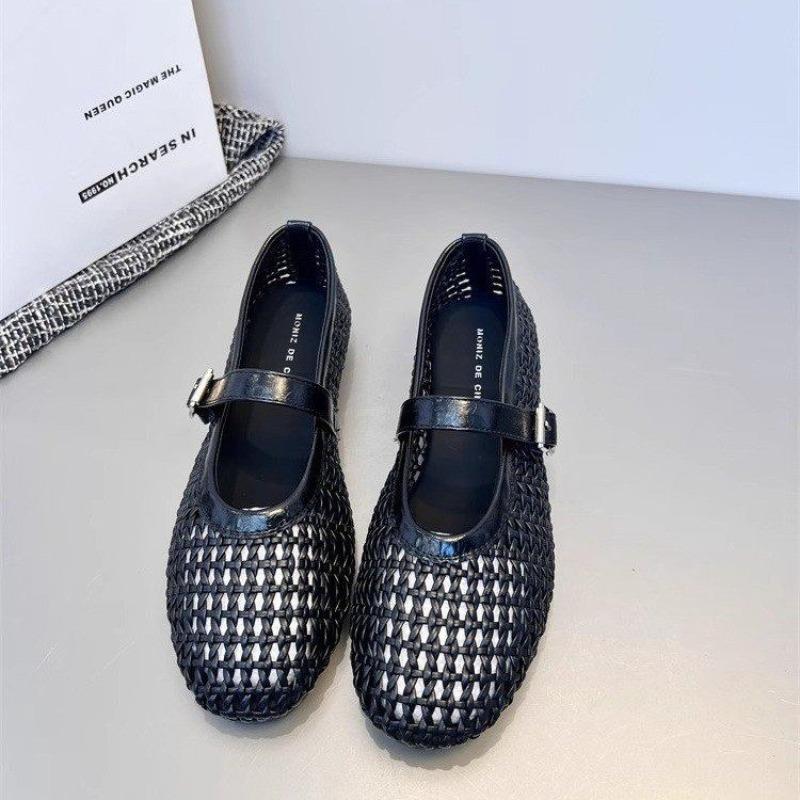 Fashion Women's Summer Weaving Casual Flats Shoes Comfortable Round Toe Cut-out Mary Jane with Straight Buckles Fishnet Sandals