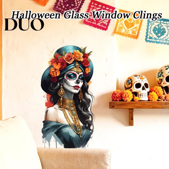Durable Outdoor Window Stickers Mexican Katrina Skeleton Girl Wall Sticker, Day of The Dead Artistic Decor Portrait Decal, Waterproof PVC Cling