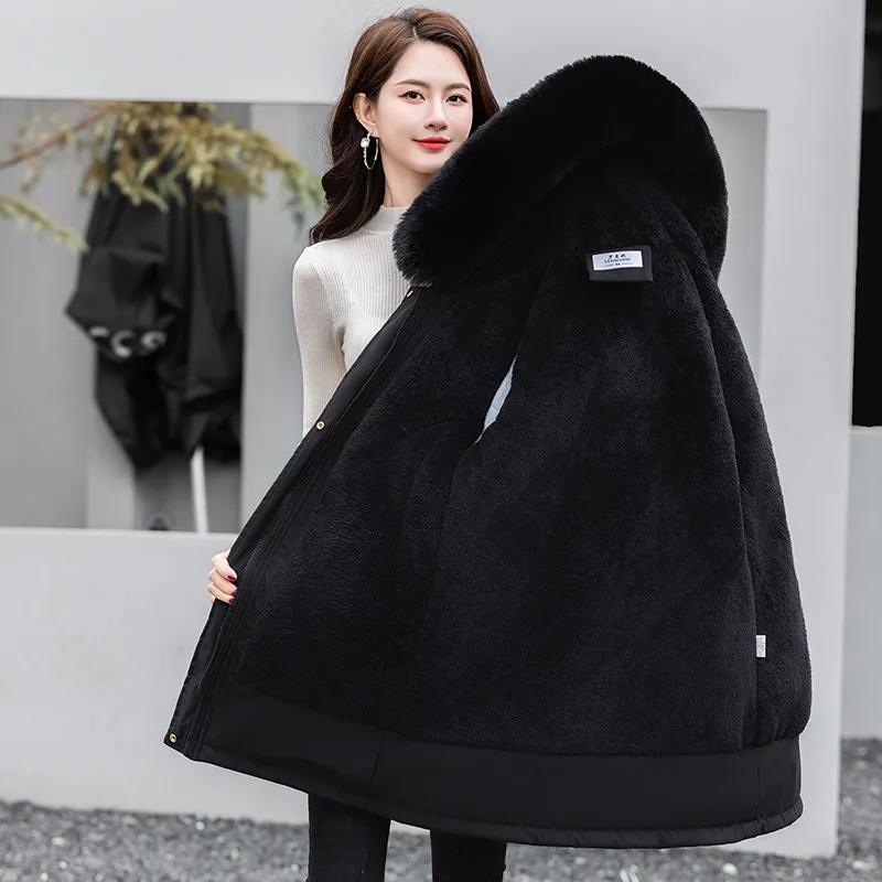 WTEMPO Winter Thickened Plush Parkas Women Large Size Casual Loose Hooded Cotton Coats Solid Color Mid-length Cold-proof Windproof Jackets