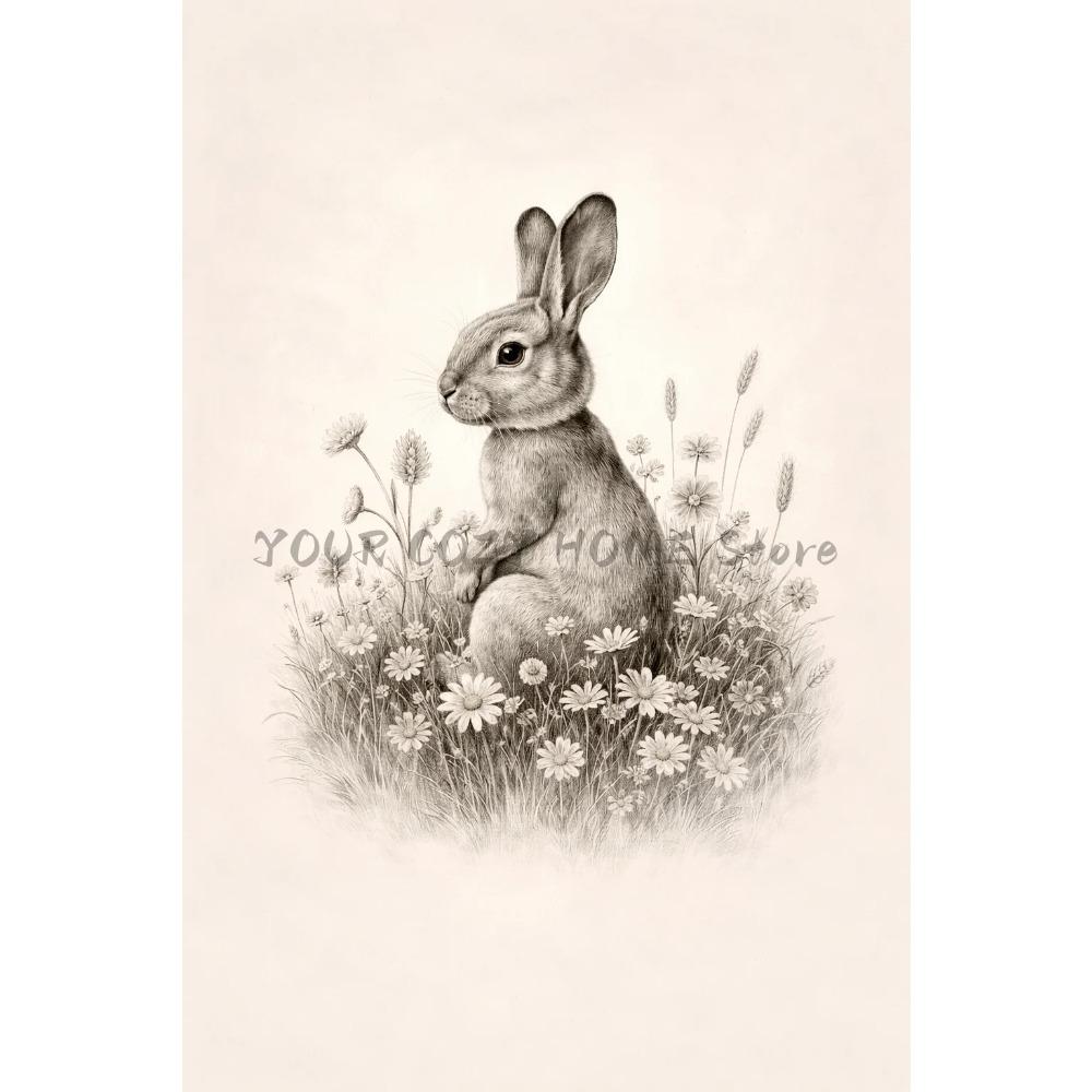Vintage Cute Easter Bunny Spring Flower Animal Rabbit Carrot Art Poster Canvas Painting Wall Prints Picture for Room Home Decor