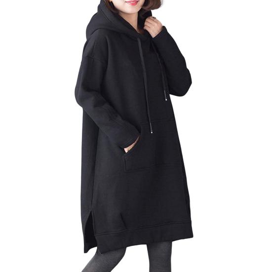 Женская толстовка с капюшоном на осень-зиму с большим карманом, завязками на шнурке, разрезом по низу, однотонная, свободная длина до колена