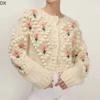New Hand Crocheted Embroidery Fried Dough Twist Pearl Button Knitted Sweater Cardigan Jacket