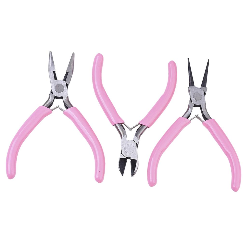 3Pcs Pliers Set Pink Handle Carbon Steel Round Nose Pliers Shear Pliers Side Cutting Pliers DIY Jewelry Making Tools