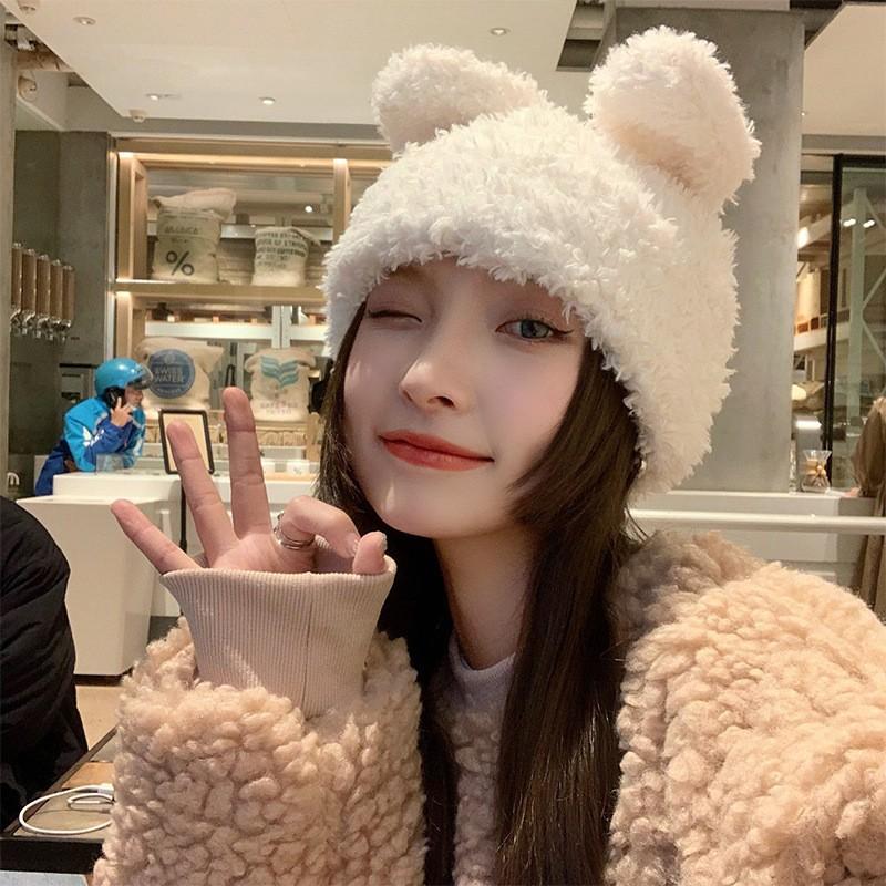 Rabbit ears plush hat female autumn and winter plush warm cute cartoon white face small bag head pullover hat