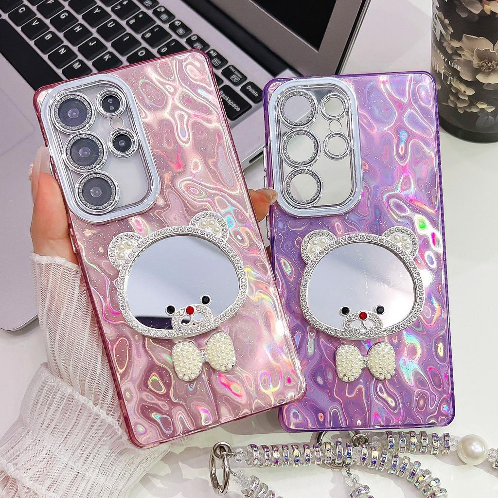 Advanced Wrinkles Suitable for Samsung S25ultra Bracelet Mobile Phone Case S24 Cartoon Mirror A56 Flash Powder Lens Film
