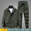 Mens Military Green Workwear Set With Double-Layer Top Elastic Waist Multiple Pockets Cotton Blend Mechanics Outdoor
