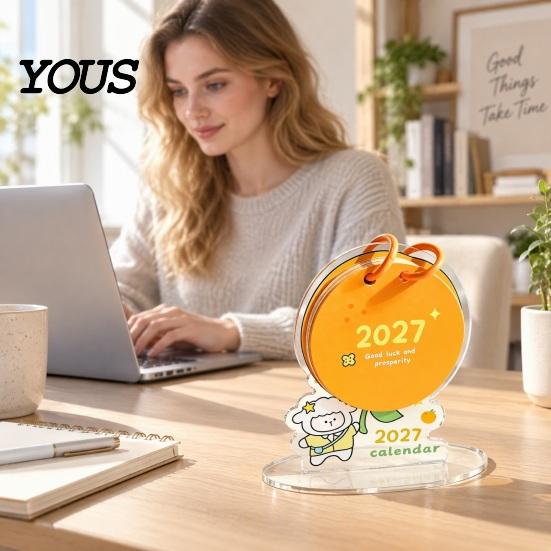 Подарок коллегам 2027 Акриловый настольный календарь с подставкой в виде милого животного, Мультяшная собака Овца, Мини-ежемесячный планировщик, Современный офисный декор, Домашний офис, 12 месяцев