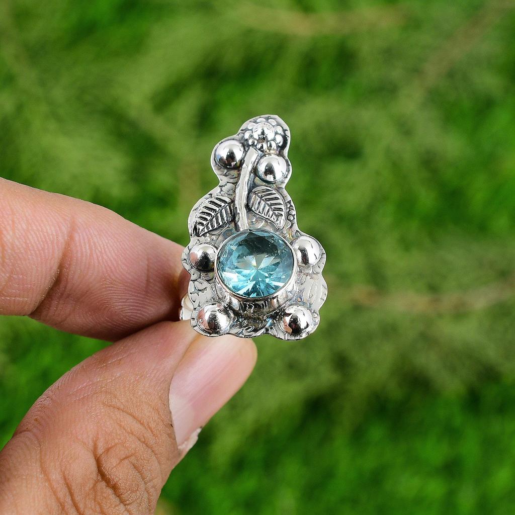 925 Sterling Silver Round Swiss Blue Topaz Gemstone Stackable Flower Wife Ring