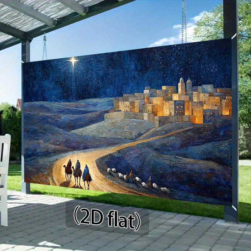 2D plane, 1pc Nativity scene background - traditional Bethlehem City with shepherds, starry sky and the birth of Jesus