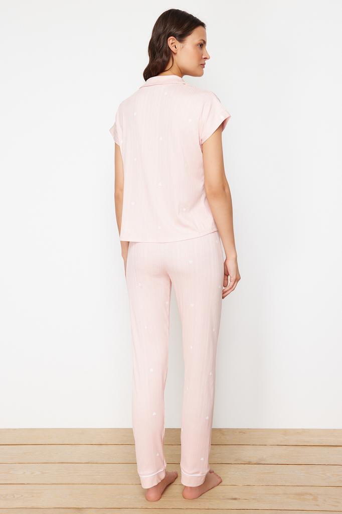 Женский модный новый пижамный комплект, розовый вязаный пижамный комплект из 5 предметов в рубчик с сердечками