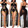 Mesh Spaghetti Straps Maxi Beach Dress Women Sexy See Through Lace Up Backless Bodycon Long Club Party Robe Bikini Cover Ups