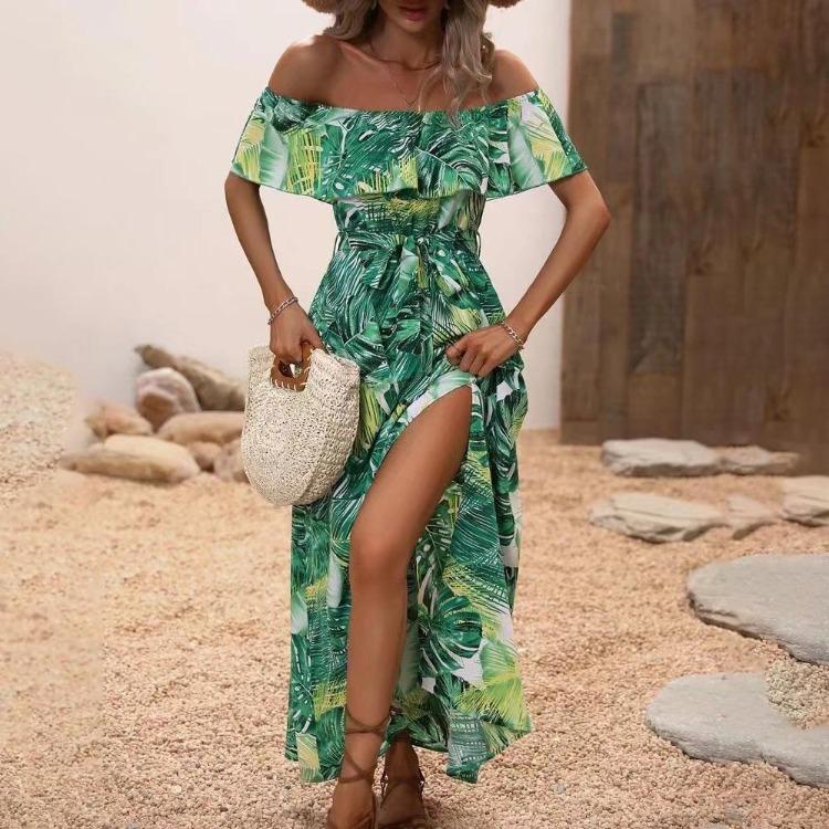 Women Summer Casual One Shoulder Sleeveless Flower Print Dress High Waist A-Line Belt Slit Ankle-Length Collar Dresses Spring