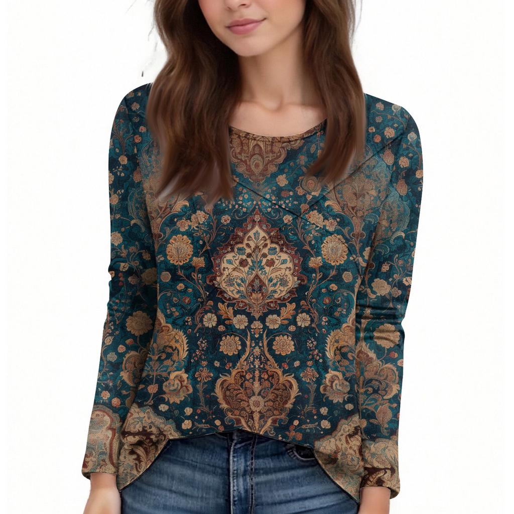 Fashion Women's Long Sleeve Round Neck CasualPleated Floral Print Loose Top