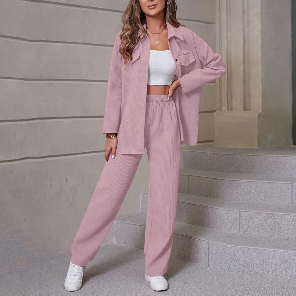 Women Casual Suit Set Elegant Women's Shirt Pants Set with Lapel Button-down Blouse Elastic Waist Trousers for Fall for Office