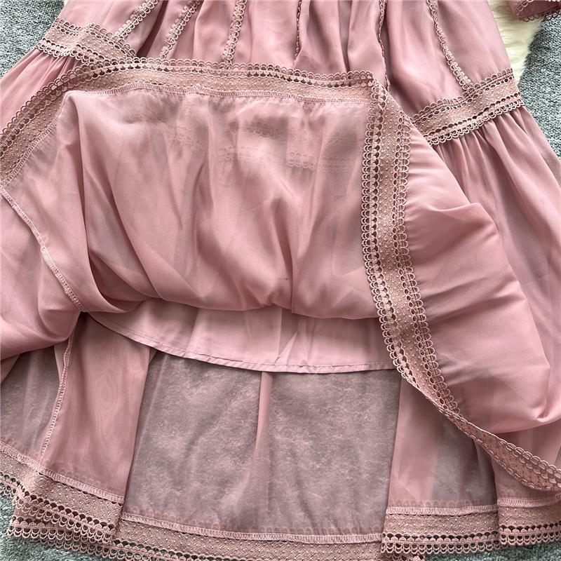 New Heavy Craft Lace Embroidery Hollow Out Party Evening Long Dress Women's Stand High Waist Lantern Sleeve Dresses Holiday