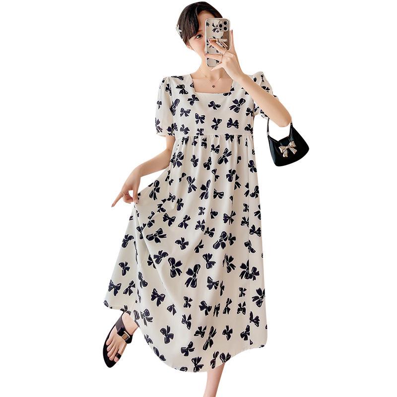 Летнее платье для беременных больших размеров: Квадратный вырез, Миди-бабочка, Короткий рукав