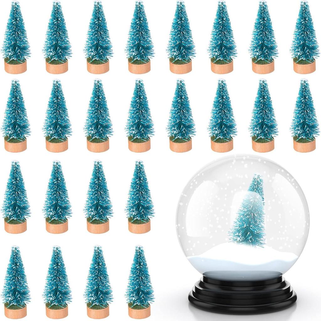 24 Pcs Mini Christmas Bottle Brush Trees with Wooden Base, Tiny Sisal Trees for Winter Tabletop Decor (Multi-Color)