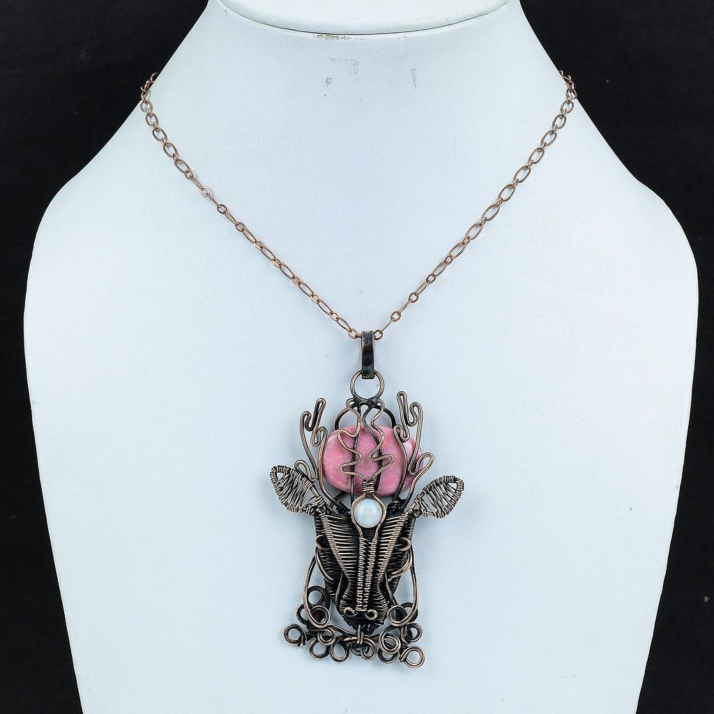 Подвеска из драгоценного камня Тулит, обернутая медной проволокой, ювелирное изделие, радужный лунный камень, подвеска в виде лица оленя, подвеска ручной работы из медной проволоки, подарки для жены