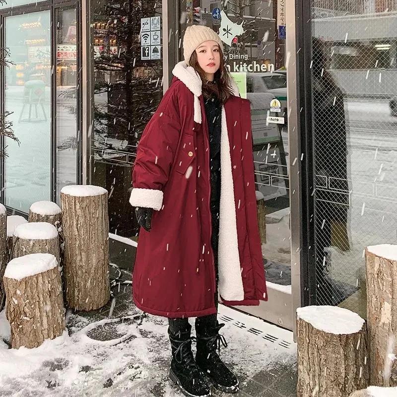 Женская свободная зимняя куртка из хлопка с шерстью ягненка, парка для снега с плюшевой подкладкой, теплая куртка с капюшоном, повседневное женское длинное пальто