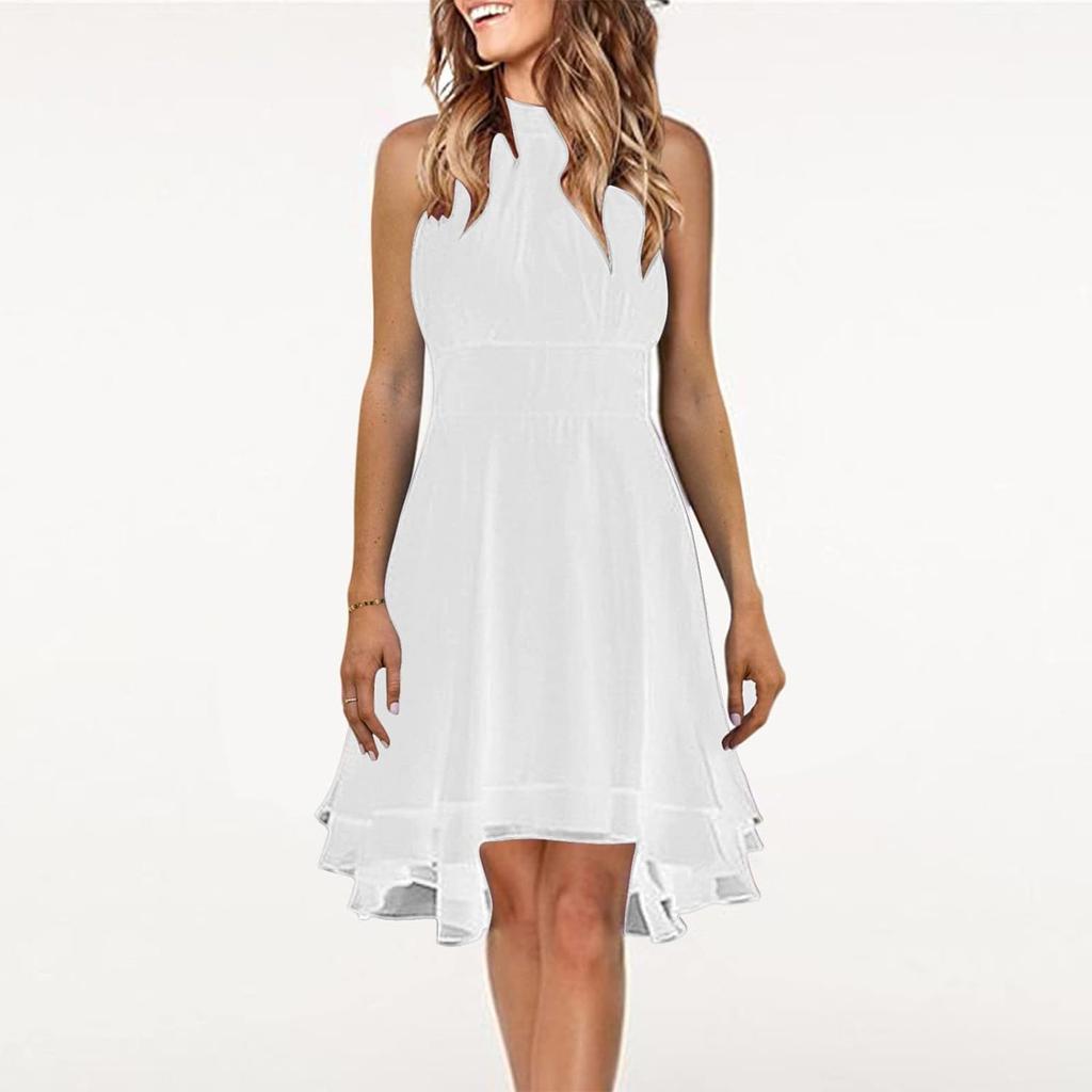 Женское сплошное цветное сексуальное платье трапециевидной формы без рукавов с круглым вырезом и висячим вырезом