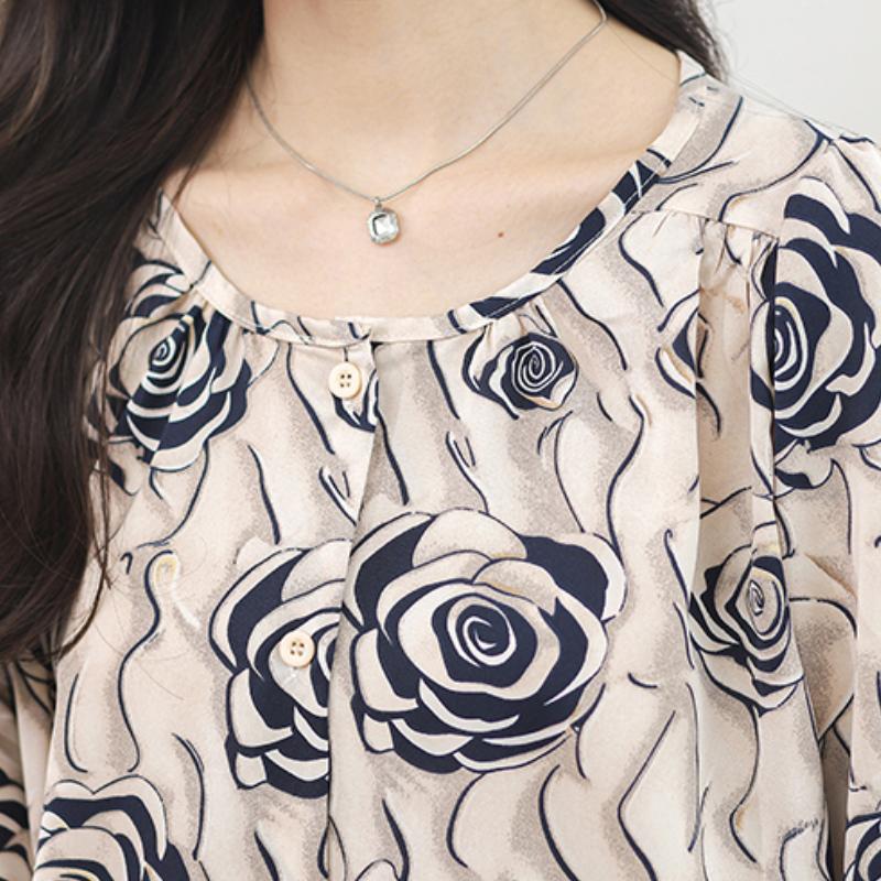 Темперамент круглый вырез элегантные повседневные рубашки женские топы весна длинный рукав цветочный принт свободная блузка женская винтажная на пуговицах офисная женская рубашка 26328